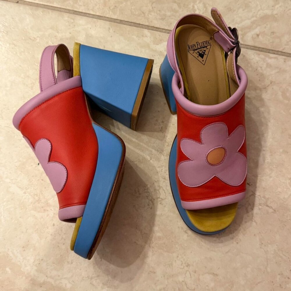 John Fluevog Riverdale red and blue platform sandals flower size us 8